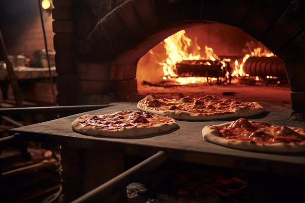 A close up of flames roaring inside a brick oven