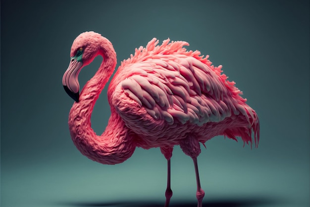 Close up of flamingo bird standing on green background generative ai