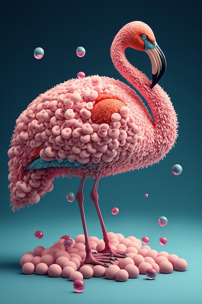 Close up of flamingo bird with bubbles in the background generative ai