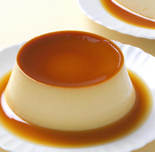 Close up of flan on white plate created using generative ai technology