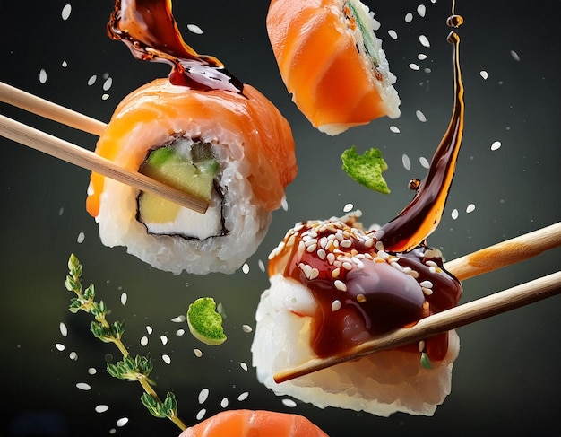 close up floating sushi on a black background