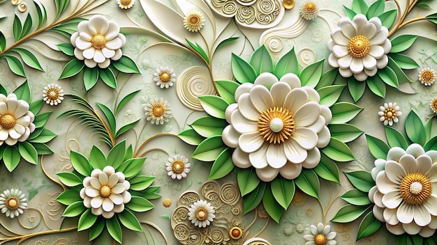 a close up of a floral design with flowers and leaves