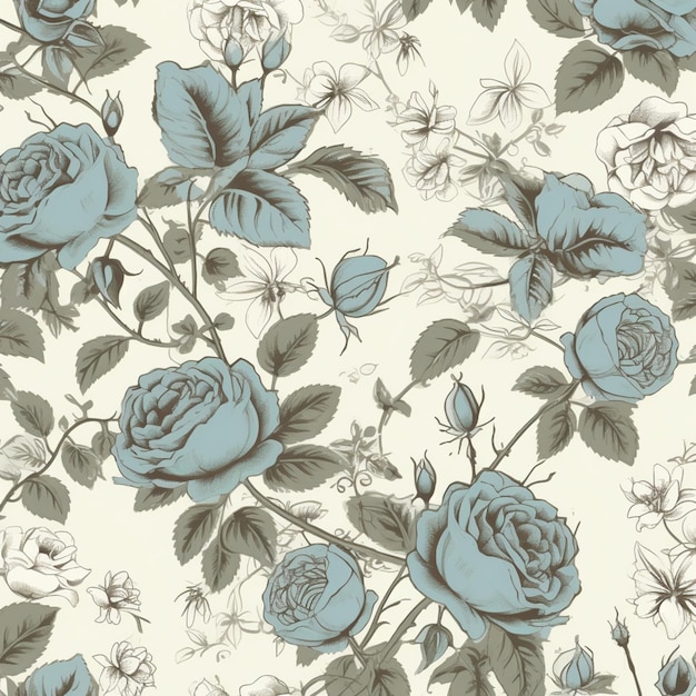 A close up of a floral pattern with blue roses on a white background generative ai