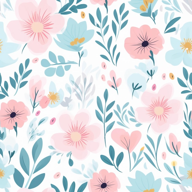 A close up of a floral pattern with pink and blue flowers generative ai