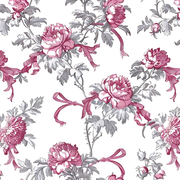 a close up of a floral pattern with pink flowers and leaves