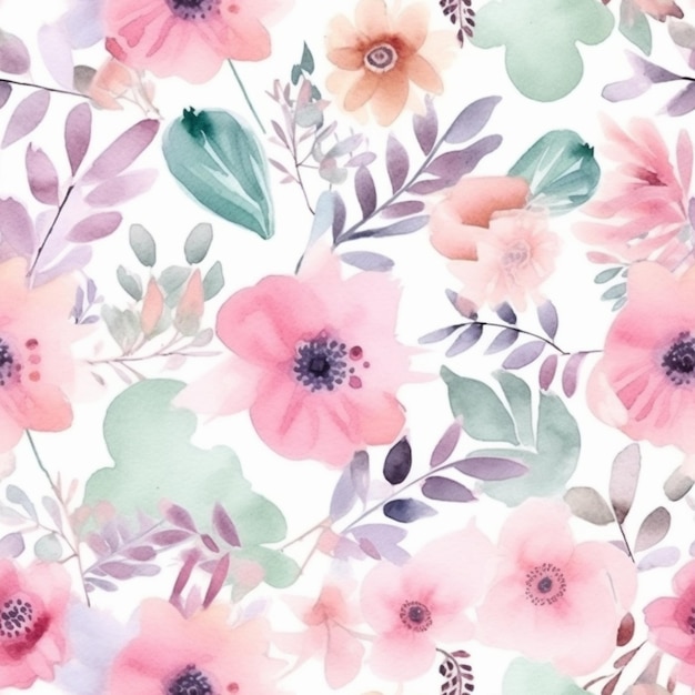 A close up of a floral pattern with pink and green flowers generative ai