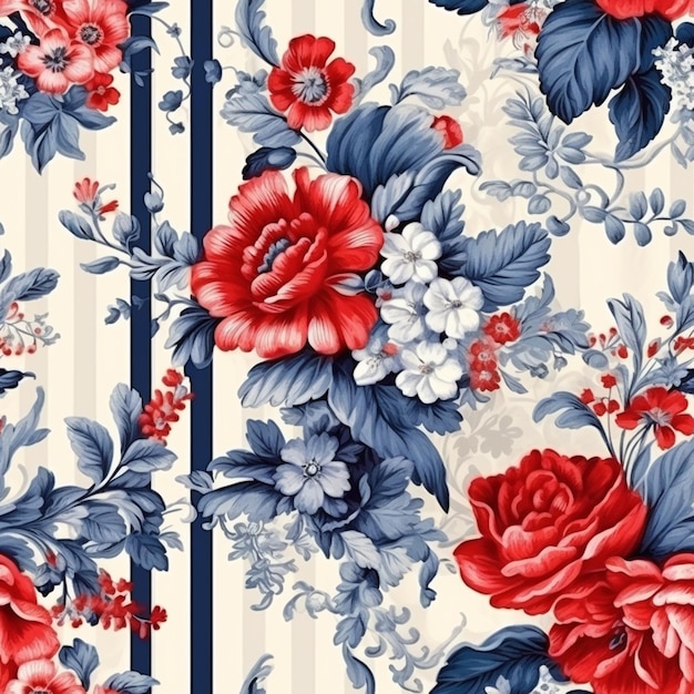 a close up of a floral pattern with red and blue flowers generative ai