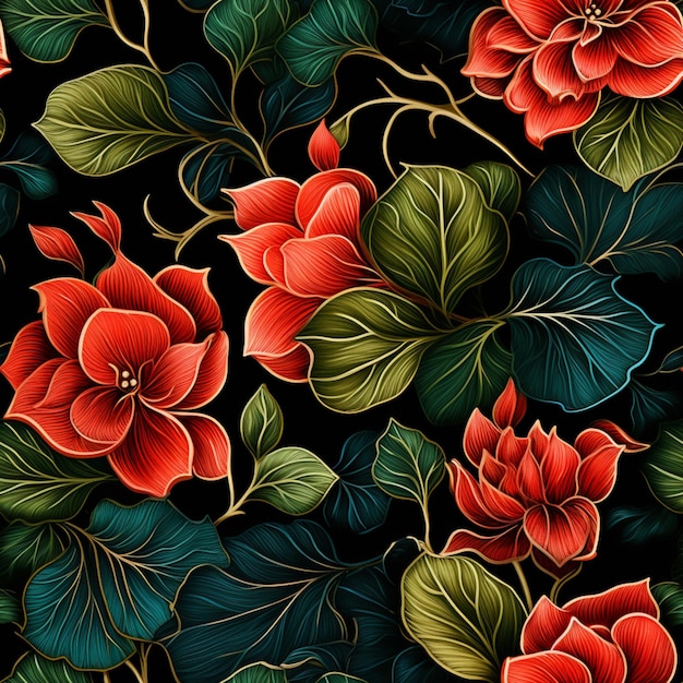 A close up of a floral pattern with red flowers and green leaves generative ai