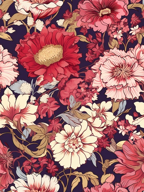 a close up of a floral pattern with red and white flowers generative ai