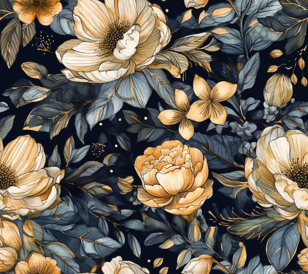 A close up of a floral pattern with yellow flowers on a black background generative ai