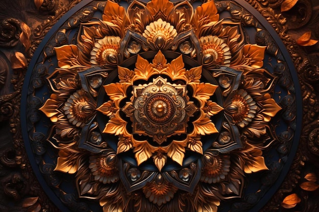 a close up of a flower design on a wooden table