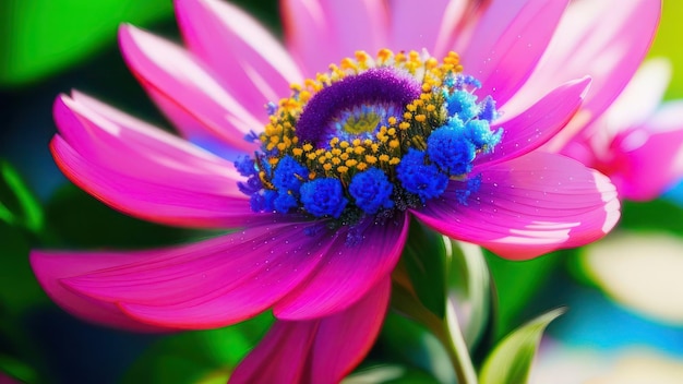 A close up of a flower with blue and yellow flowers