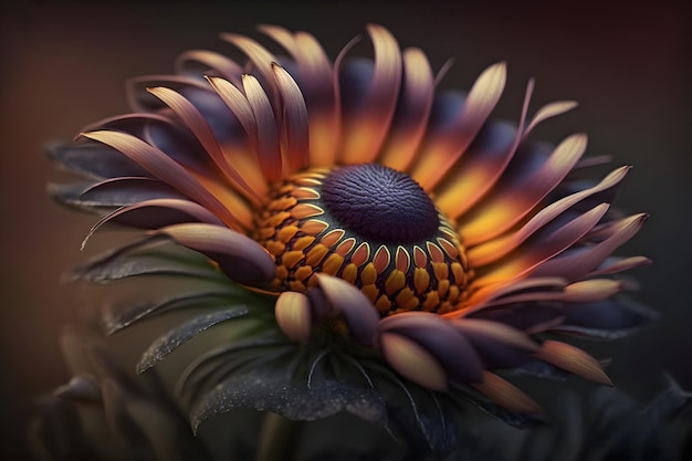 A close up of a flower with a dark background.