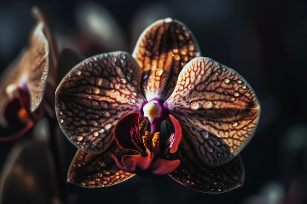 A close up of a flower with a dark background