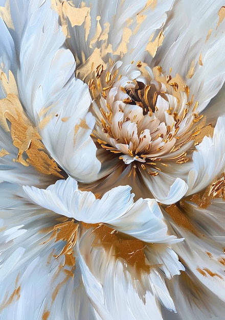 a close up of a flower with the gold leaf on it