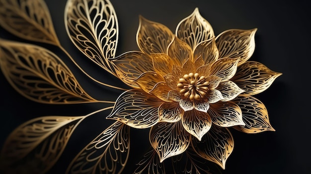 A close up of a flower with gold leaves and a black background.