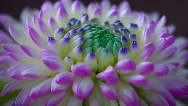 A close up of a flower with purple and green petals