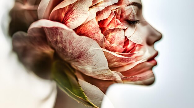 a close up of a flower with a womans face in the background