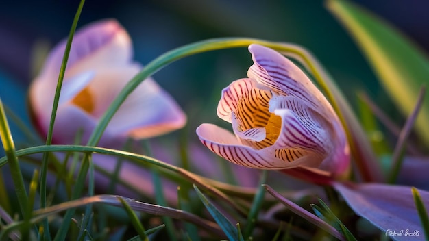 a close up of a flower with the word  h  on it