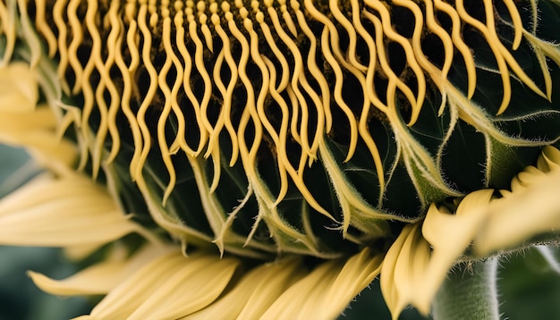 a close up of a flower with the yellow and green feathers