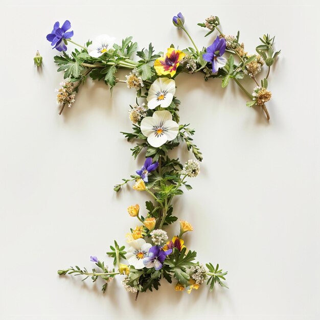 Photo a close up of a flowered letter t made of flowers generative ai