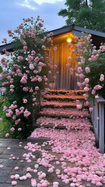 a close up of a flowered pathway leading to a wooden door generative ai