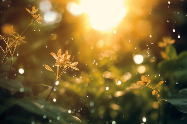 A close up of flowers in the grass with the sun shining on them