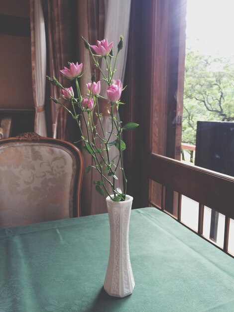 Close-up of flowers growing in vase on table by window