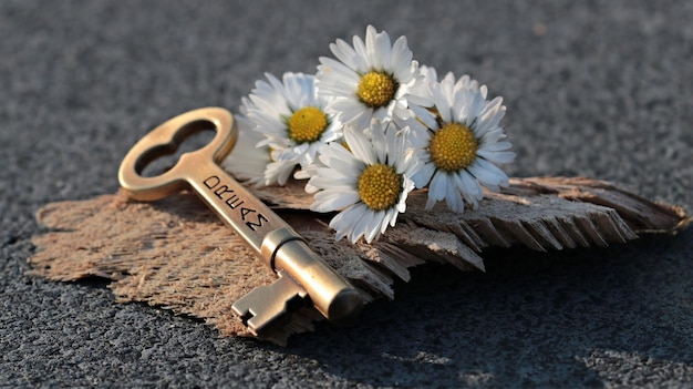 Photo close-up of flowers and key on table