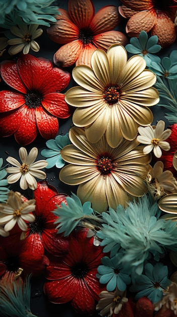 a close up of flowers and leaves with a red flower