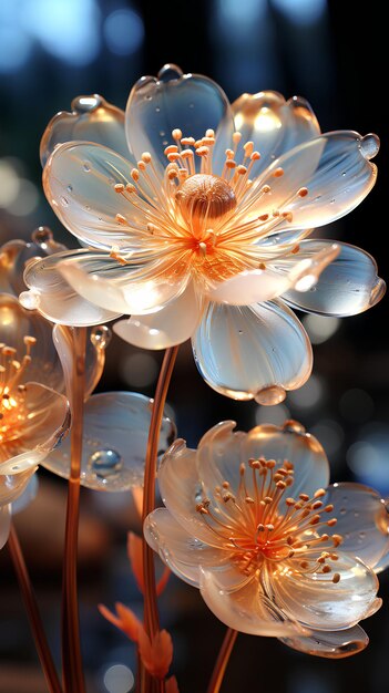 a close up of flowers with water drops on them