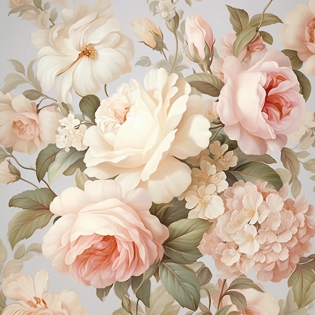 a close up of a flowery wallpaper with a pink and white flower