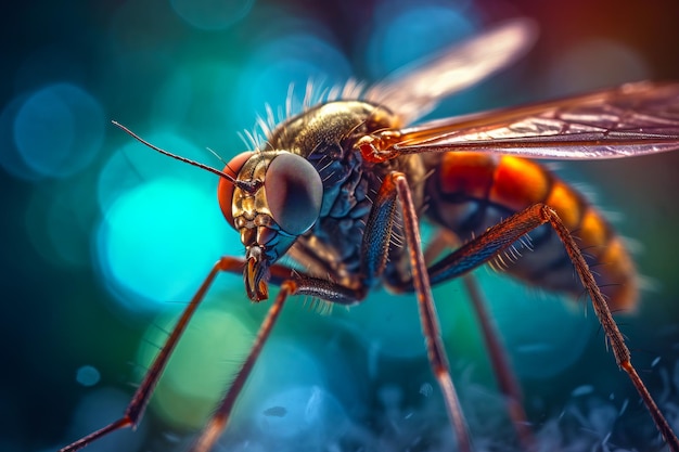 Close up of fly insect on blue and green blurry background Generative AI