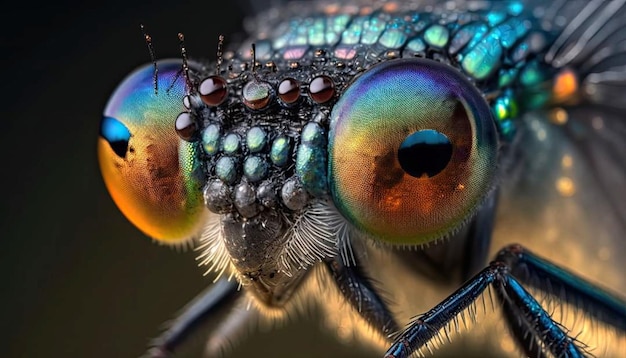 A close up of a fly's eyes and a black background