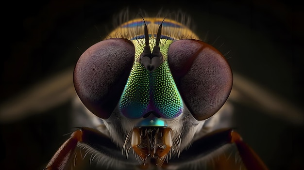 A close up of a fly's face with a green and blue pattern.