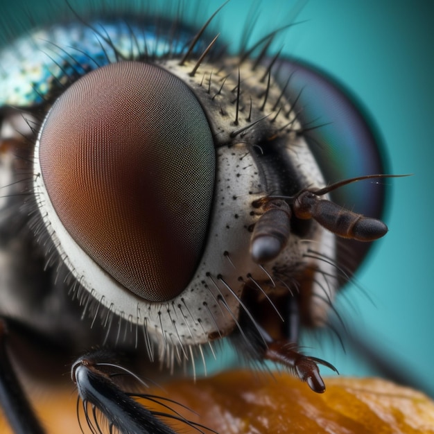 A close up of a fly with a blue background