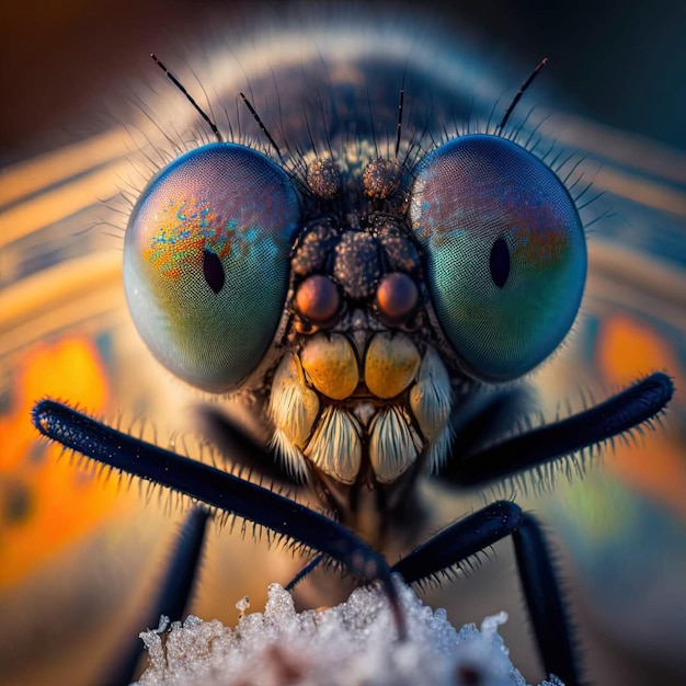 A close up of a fly with a blue and green eye