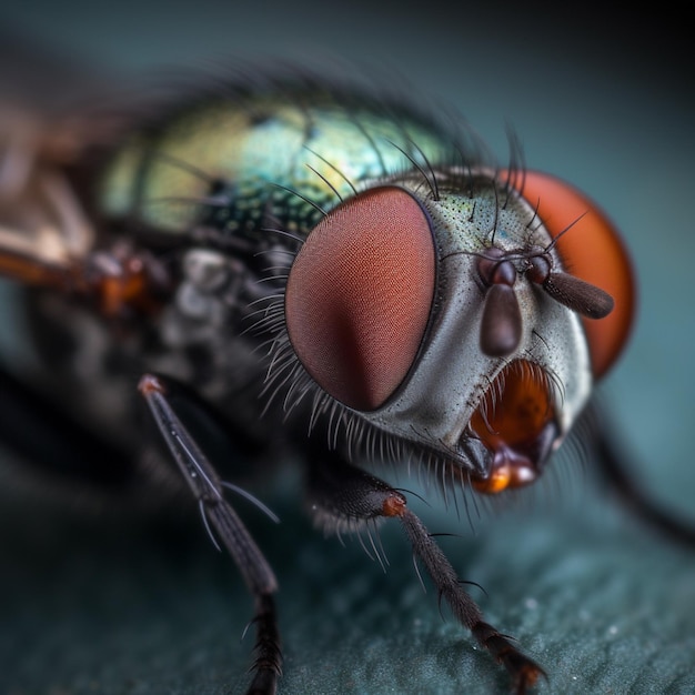 A close up of a fly with a red eye