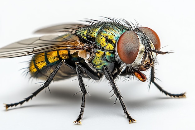 a close up of a fly with yellow and black spots