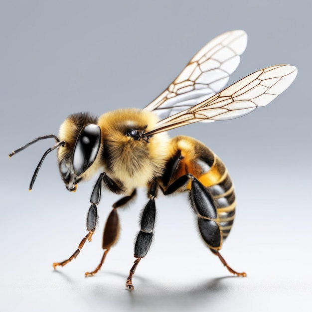 A close up of flying bee isolated on white background