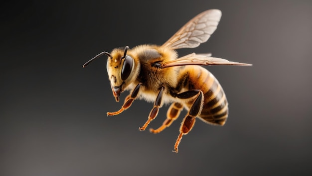 Close up of a flying bee with detailed wings against a black background symbolizing nature