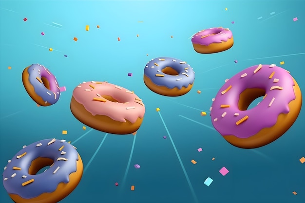 Close up of flying doughnuts with multicolored glaze Creative food trend Levitating food Donuts illustration with copy space on a light blue background food banner Generative AI