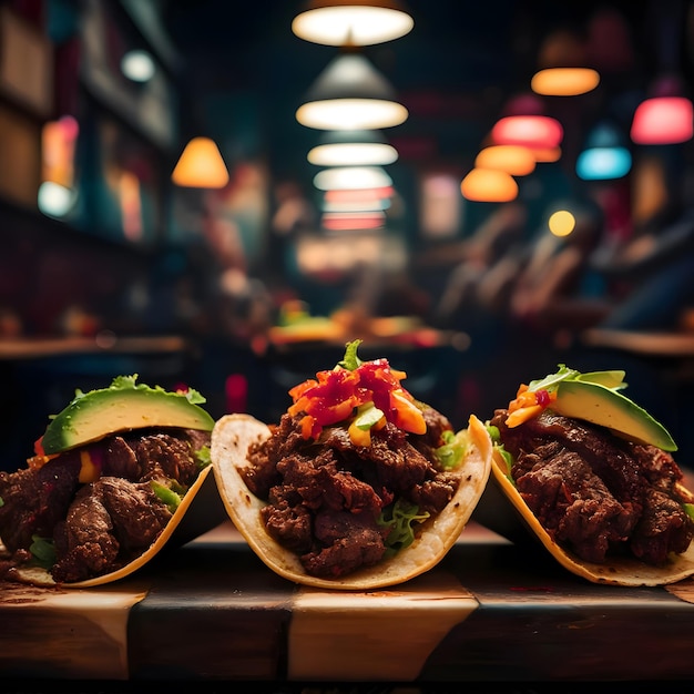 a close up of food on a bar with a blurry background