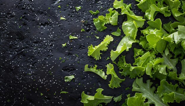 a close up of food on a black surface with a few pieces of lettuce