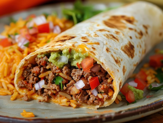 Close up food of delicious ground beef burrito with melted cheese and vegetables