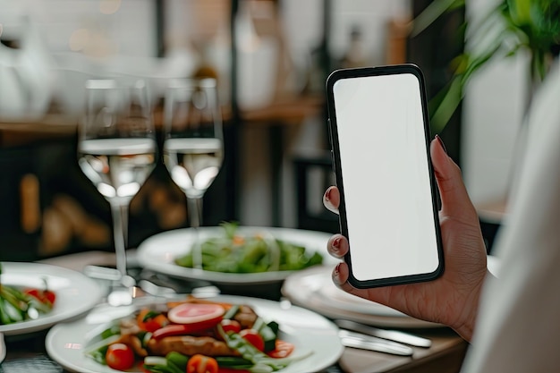 Photo close up on food lover taking pictures of meal