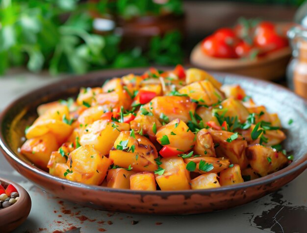 Close up food photo of Patatas Bravas a traditional Spanish tapas dish