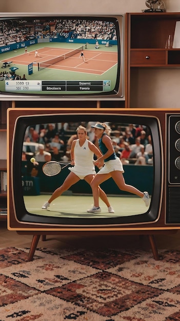 Photo close up footage of a dated tv set screen with live sports tennis match broadcast