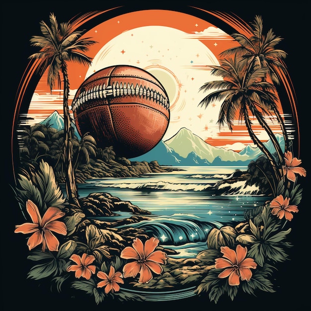 A close up of a football ball in a tropical landscape generative ai