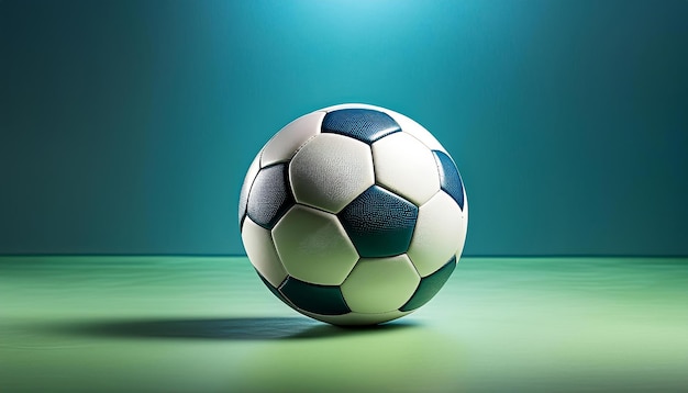 Close up of football soccer ball on green pastel color studio with blue light